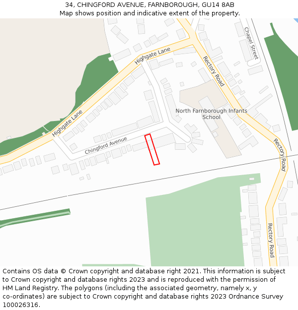 34, CHINGFORD AVENUE, FARNBOROUGH, GU14 8AB: Location map and indicative extent of plot