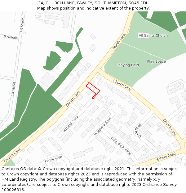 34, CHURCH LANE, FAWLEY, SOUTHAMPTON, SO45 1DL: Location map and indicative extent of plot