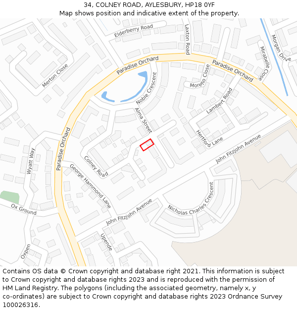 34, COLNEY ROAD, AYLESBURY, HP18 0YF: Location map and indicative extent of plot