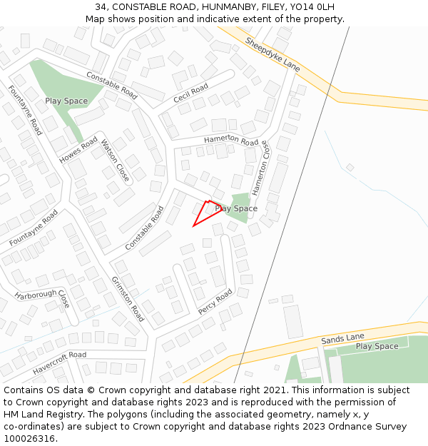 34, CONSTABLE ROAD, HUNMANBY, FILEY, YO14 0LH: Location map and indicative extent of plot
