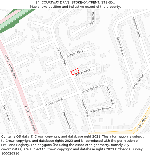 34, COURTWAY DRIVE, STOKE-ON-TRENT, ST1 6DU: Location map and indicative extent of plot