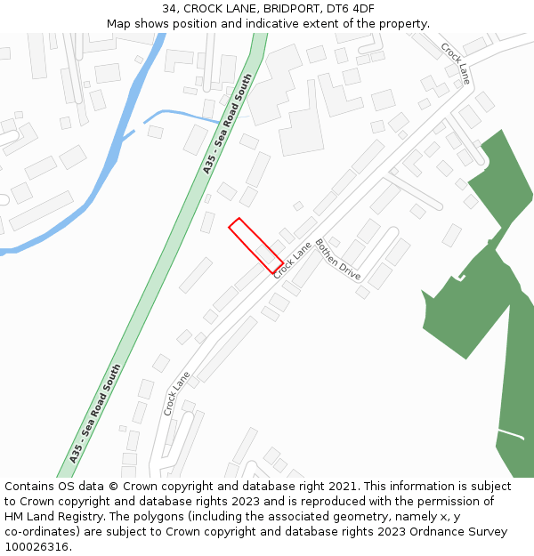 34, CROCK LANE, BRIDPORT, DT6 4DF: Location map and indicative extent of plot