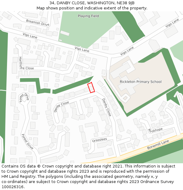 34, DANBY CLOSE, WASHINGTON, NE38 9JB: Location map and indicative extent of plot