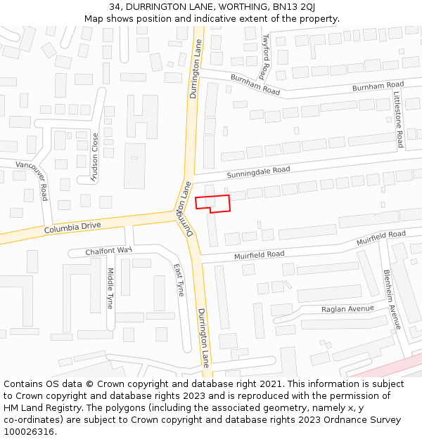 34, DURRINGTON LANE, WORTHING, BN13 2QJ: Location map and indicative extent of plot