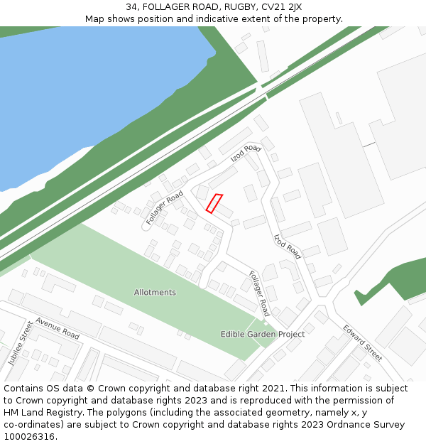 34, FOLLAGER ROAD, RUGBY, CV21 2JX: Location map and indicative extent of plot