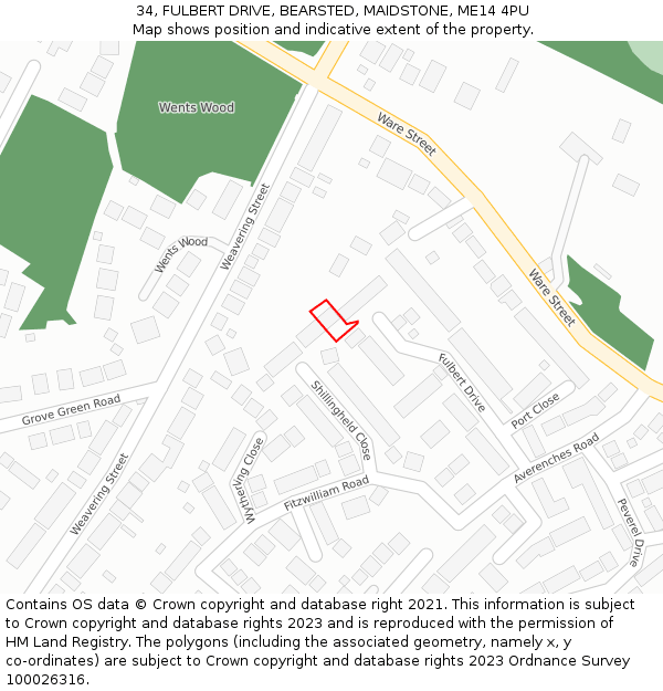 34, FULBERT DRIVE, BEARSTED, MAIDSTONE, ME14 4PU: Location map and indicative extent of plot