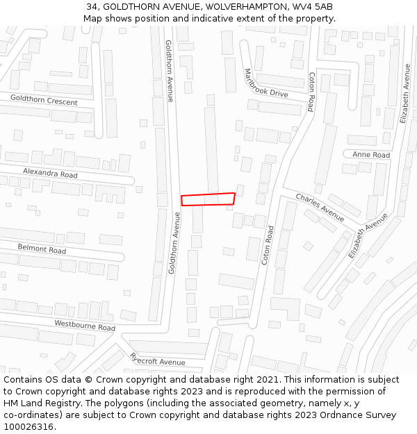 34, GOLDTHORN AVENUE, WOLVERHAMPTON, WV4 5AB: Location map and indicative extent of plot
