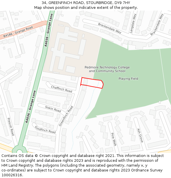 34, GREENFINCH ROAD, STOURBRIDGE, DY9 7HY: Location map and indicative extent of plot
