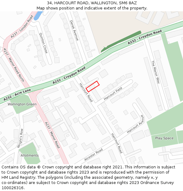 34, HARCOURT ROAD, WALLINGTON, SM6 8AZ: Location map and indicative extent of plot