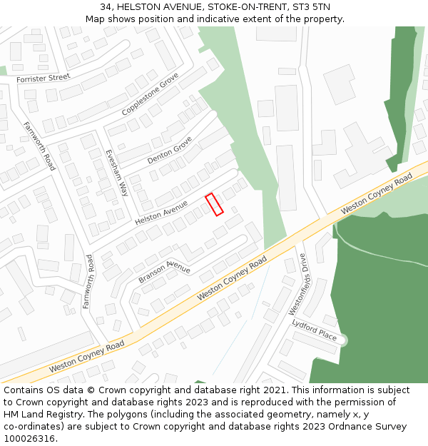 34, HELSTON AVENUE, STOKE-ON-TRENT, ST3 5TN: Location map and indicative extent of plot