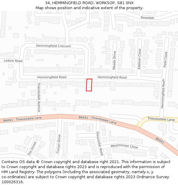 34, HEMMINGFIELD ROAD, WORKSOP, S81 0NX: Location map and indicative extent of plot
