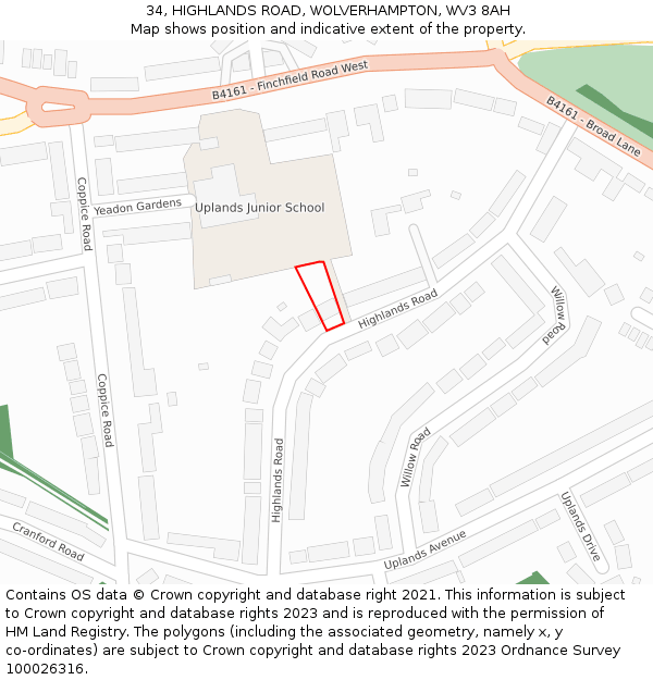 34, HIGHLANDS ROAD, WOLVERHAMPTON, WV3 8AH: Location map and indicative extent of plot
