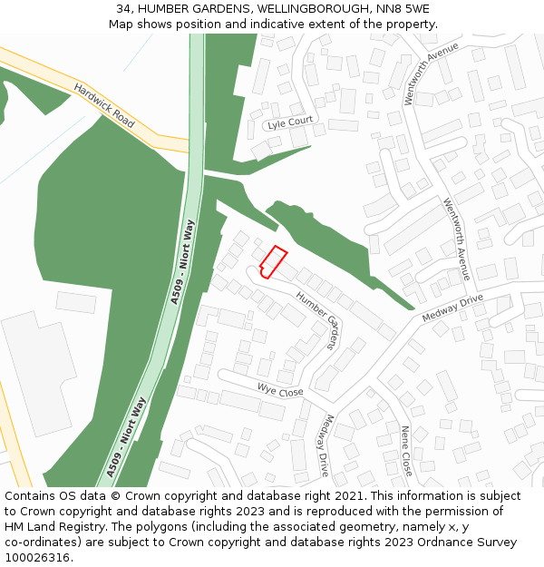 34, HUMBER GARDENS, WELLINGBOROUGH, NN8 5WE: Location map and indicative extent of plot