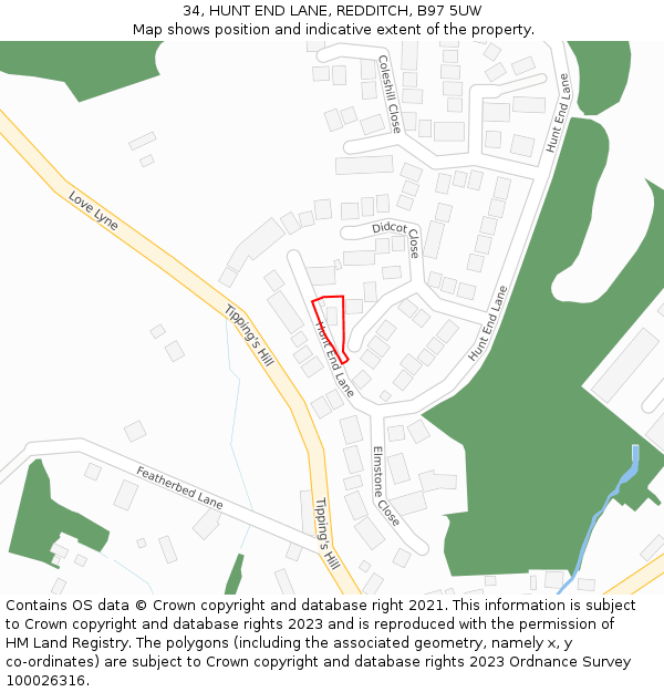 34, HUNT END LANE, REDDITCH, B97 5UW: Location map and indicative extent of plot
