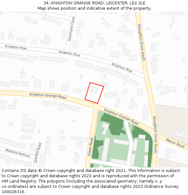 34, KNIGHTON GRANGE ROAD, LEICESTER, LE2 2LE: Location map and indicative extent of plot
