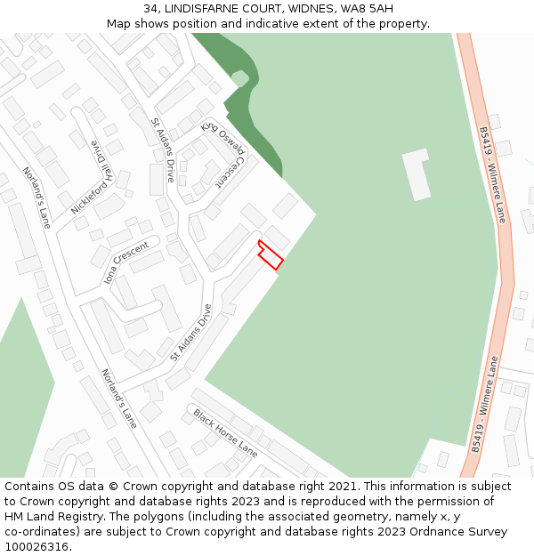 34, LINDISFARNE COURT, WIDNES, WA8 5AH: Location map and indicative extent of plot