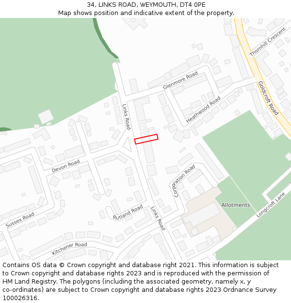 34, LINKS ROAD, WEYMOUTH, DT4 0PE: Location map and indicative extent of plot