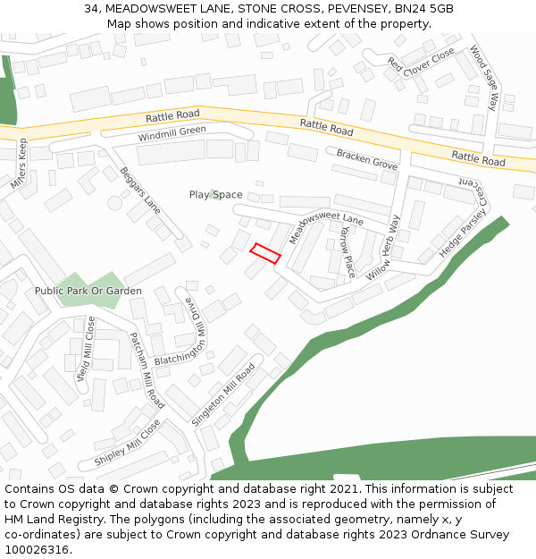 34, MEADOWSWEET LANE, STONE CROSS, PEVENSEY, BN24 5GB: Location map and indicative extent of plot