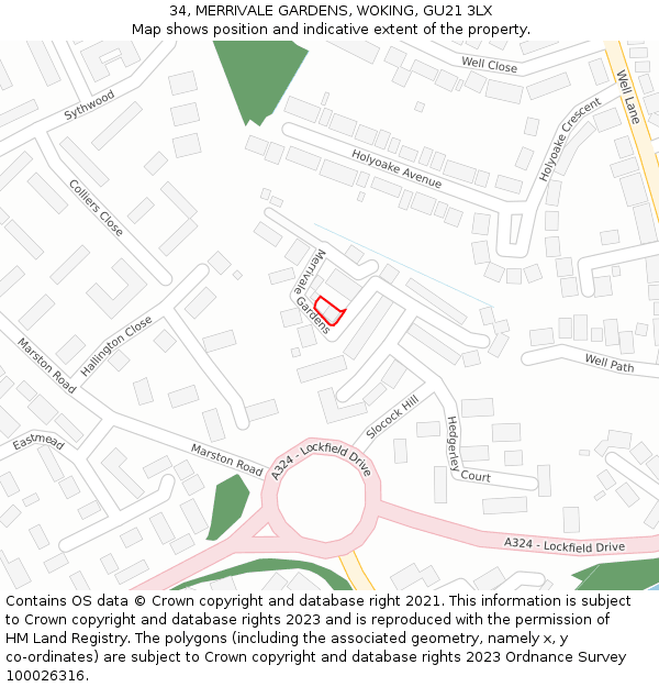 34, MERRIVALE GARDENS, WOKING, GU21 3LX: Location map and indicative extent of plot