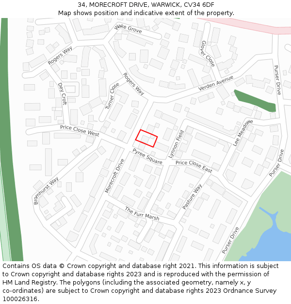 34, MORECROFT DRIVE, WARWICK, CV34 6DF: Location map and indicative extent of plot