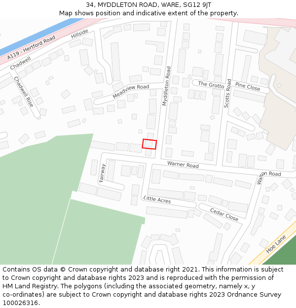 34, MYDDLETON ROAD, WARE, SG12 9JT: Location map and indicative extent of plot