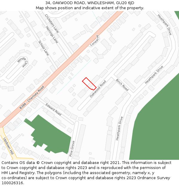 34, OAKWOOD ROAD, WINDLESHAM, GU20 6JD: Location map and indicative extent of plot