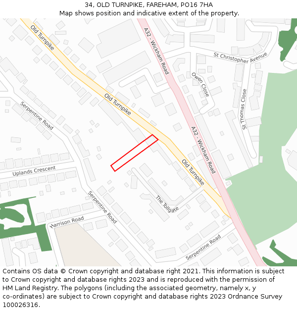 34, OLD TURNPIKE, FAREHAM, PO16 7HA: Location map and indicative extent of plot