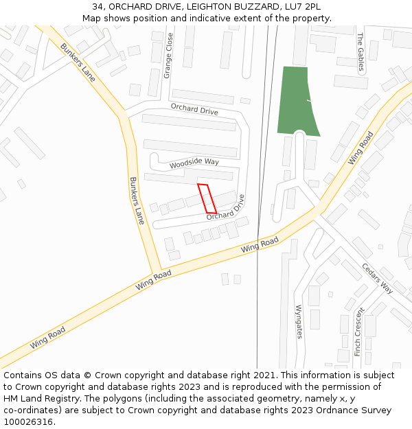 34, ORCHARD DRIVE, LEIGHTON BUZZARD, LU7 2PL: Location map and indicative extent of plot