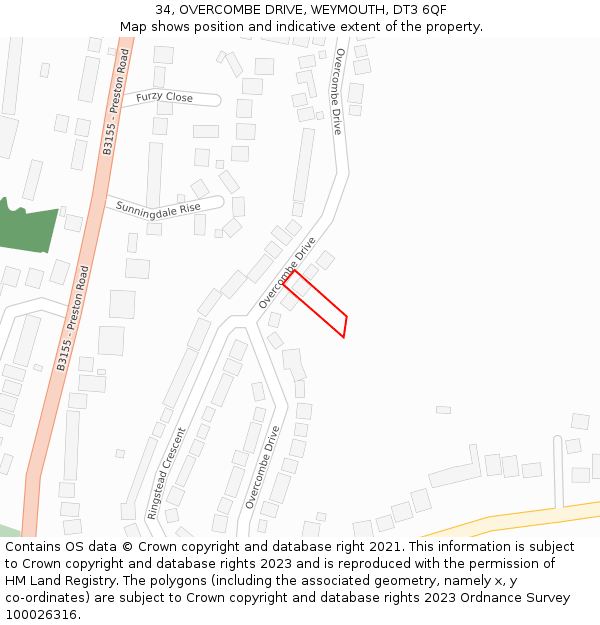 34, OVERCOMBE DRIVE, WEYMOUTH, DT3 6QF: Location map and indicative extent of plot