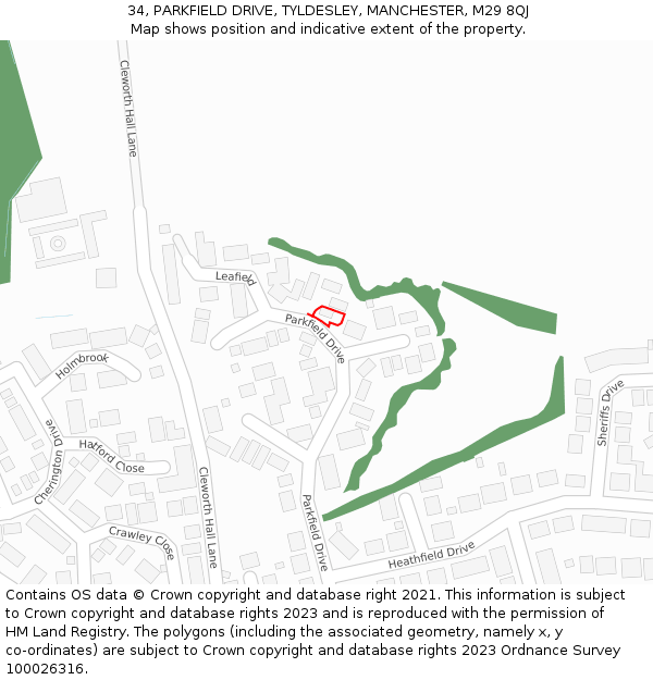 34, PARKFIELD DRIVE, TYLDESLEY, MANCHESTER, M29 8QJ: Location map and indicative extent of plot