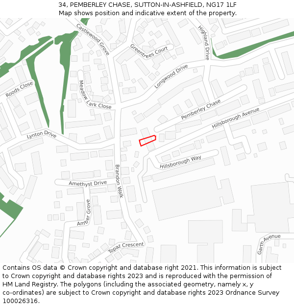 34, PEMBERLEY CHASE, SUTTON-IN-ASHFIELD, NG17 1LF: Location map and indicative extent of plot