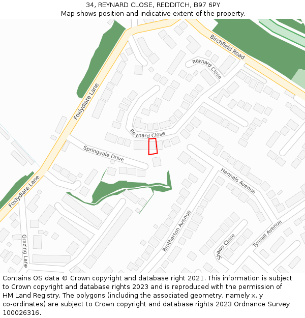 34, REYNARD CLOSE, REDDITCH, B97 6PY: Location map and indicative extent of plot