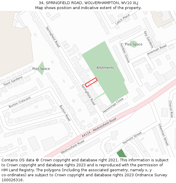 34, SPRINGFIELD ROAD, WOLVERHAMPTON, WV10 0LJ: Location map and indicative extent of plot