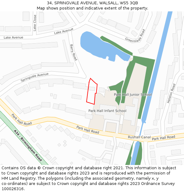34, SPRINGVALE AVENUE, WALSALL, WS5 3QB: Location map and indicative extent of plot