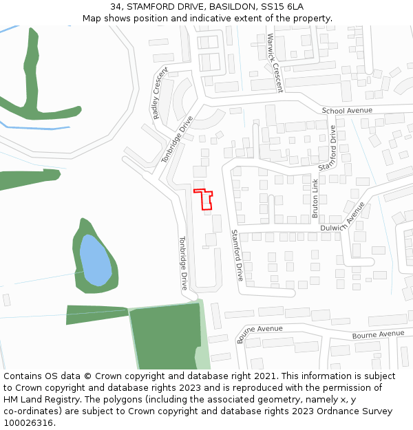 34, STAMFORD DRIVE, BASILDON, SS15 6LA: Location map and indicative extent of plot