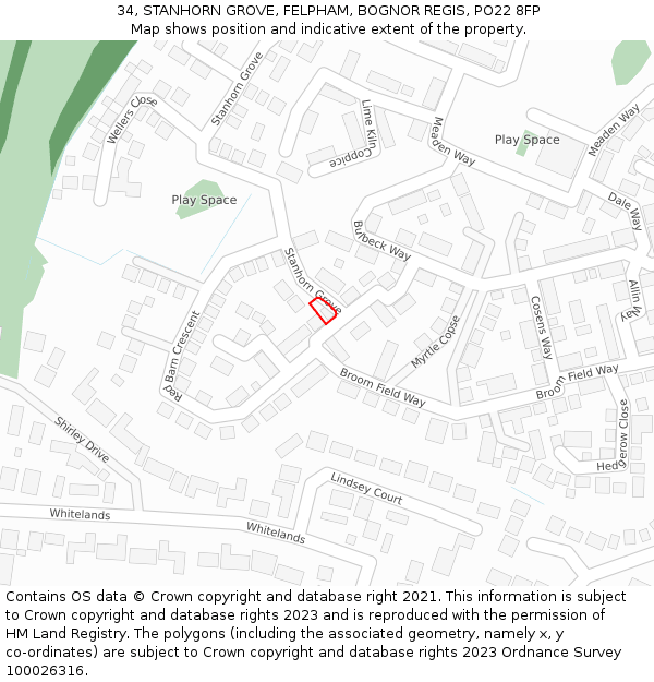 34, STANHORN GROVE, FELPHAM, BOGNOR REGIS, PO22 8FP: Location map and indicative extent of plot