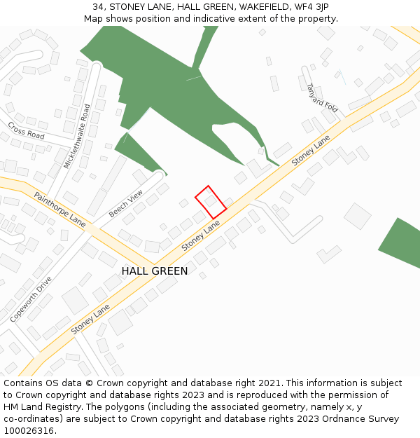 34, STONEY LANE, HALL GREEN, WAKEFIELD, WF4 3JP: Location map and indicative extent of plot