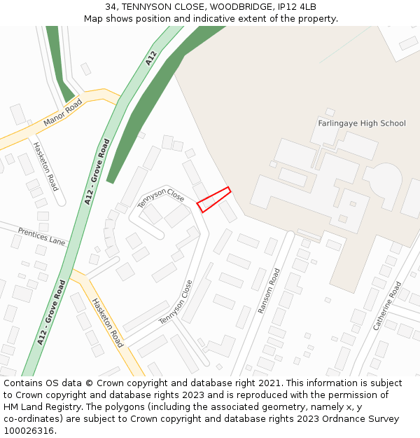 34, TENNYSON CLOSE, WOODBRIDGE, IP12 4LB: Location map and indicative extent of plot