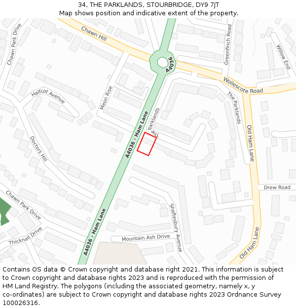 34, THE PARKLANDS, STOURBRIDGE, DY9 7JT: Location map and indicative extent of plot