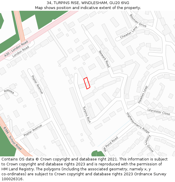 34, TURPINS RISE, WINDLESHAM, GU20 6NG: Location map and indicative extent of plot