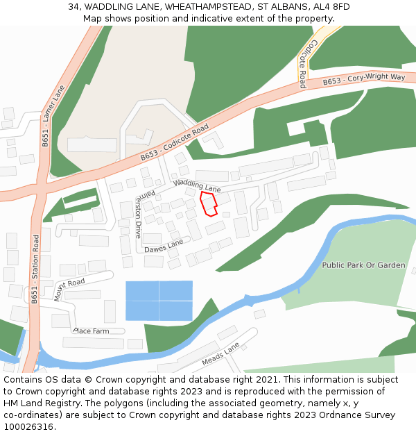 34, WADDLING LANE, WHEATHAMPSTEAD, ST ALBANS, AL4 8FD: Location map and indicative extent of plot