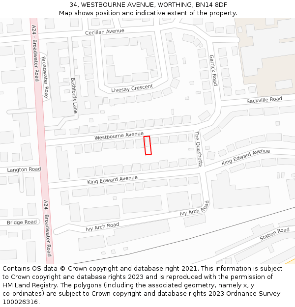 34, WESTBOURNE AVENUE, WORTHING, BN14 8DF: Location map and indicative extent of plot