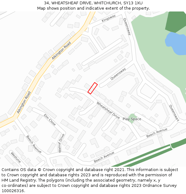 34, WHEATSHEAF DRIVE, WHITCHURCH, SY13 1XU: Location map and indicative extent of plot