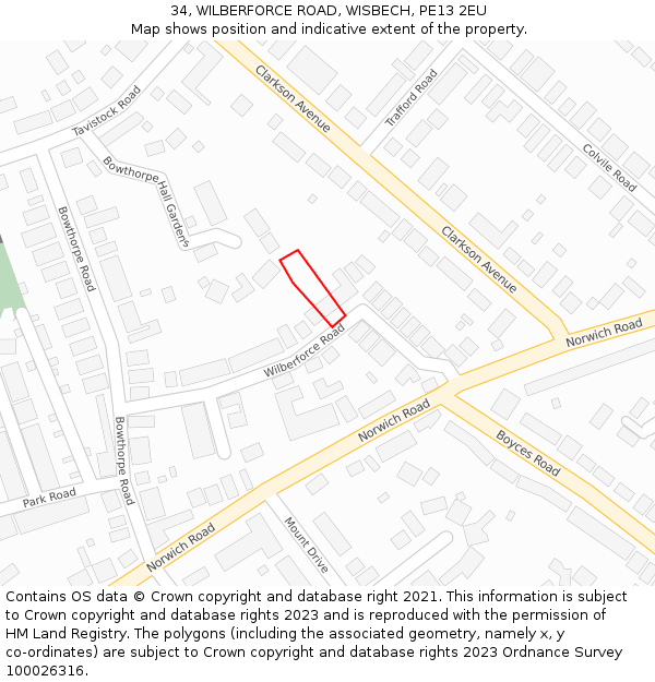 34, WILBERFORCE ROAD, WISBECH, PE13 2EU: Location map and indicative extent of plot