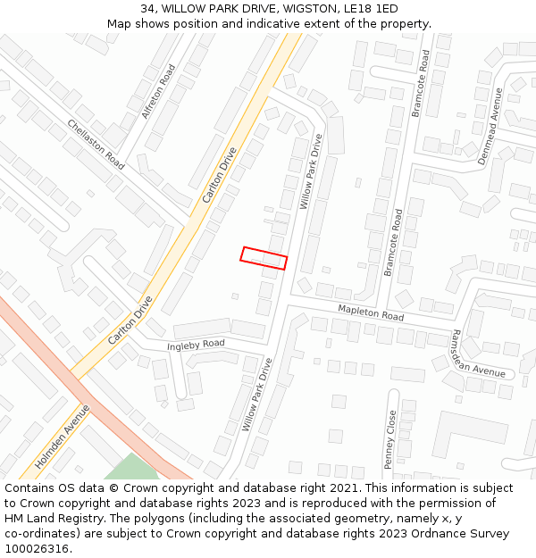 34, WILLOW PARK DRIVE, WIGSTON, LE18 1ED: Location map and indicative extent of plot