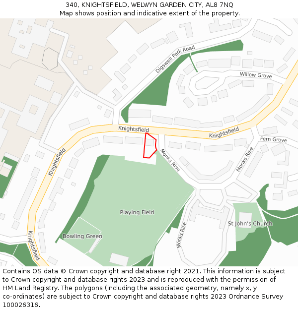 340, KNIGHTSFIELD, WELWYN GARDEN CITY, AL8 7NQ: Location map and indicative extent of plot