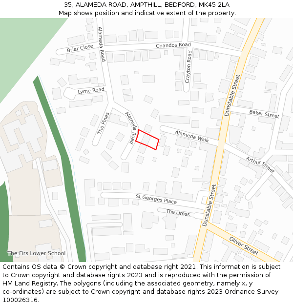 35, ALAMEDA ROAD, AMPTHILL, BEDFORD, MK45 2LA: Location map and indicative extent of plot