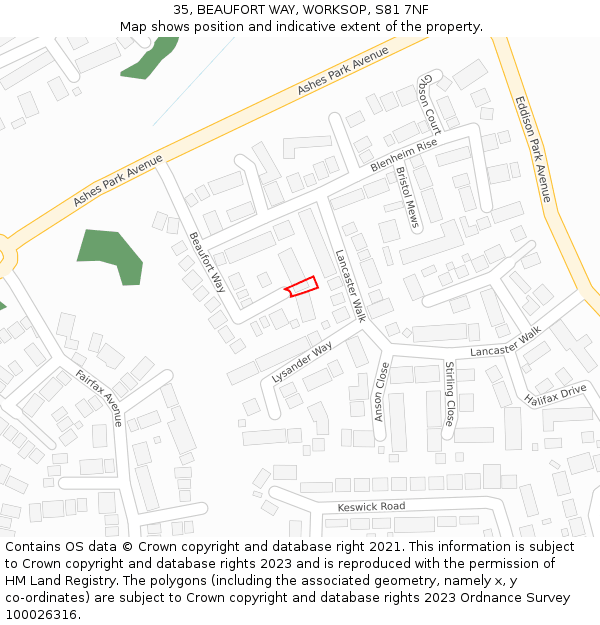 35, BEAUFORT WAY, WORKSOP, S81 7NF: Location map and indicative extent of plot