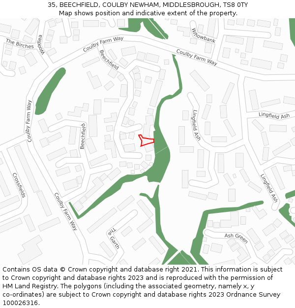 35, BEECHFIELD, COULBY NEWHAM, MIDDLESBROUGH, TS8 0TY: Location map and indicative extent of plot