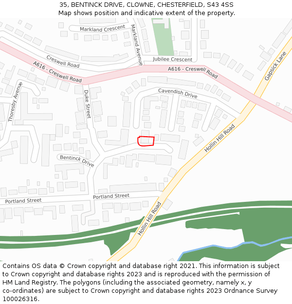 35, BENTINCK DRIVE, CLOWNE, CHESTERFIELD, S43 4SS: Location map and indicative extent of plot